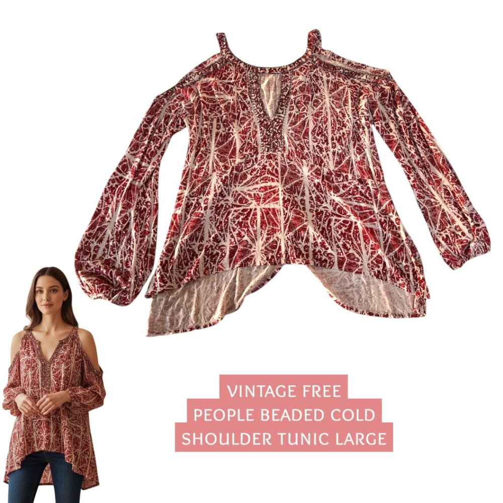 VINTAGE FREE PEOPLE BEADED COLD SHOULDER BOHO‎ PEASANT TUNIC BLOUSE LARGE